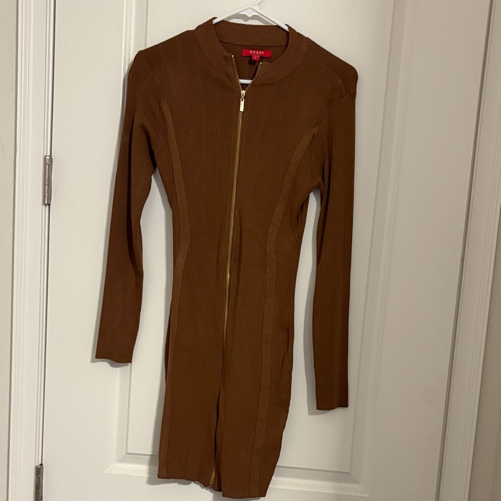 GUESS Brown Long-Sleeve Ribbed Zip Dress